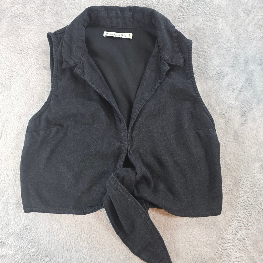 Abercrombie & Fitch Women S Black Vest Linen Blend Cropped Tie Front Sleeveless